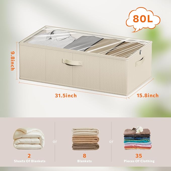 10inch 3 Pack Under Bed Storage Containers, 10 Inch Tall Underbed Clothes Storage Organizer Bin with Clear Window，Foldable Box Basket for Clothes, Closet, Bed Sheets and Blankets Beige