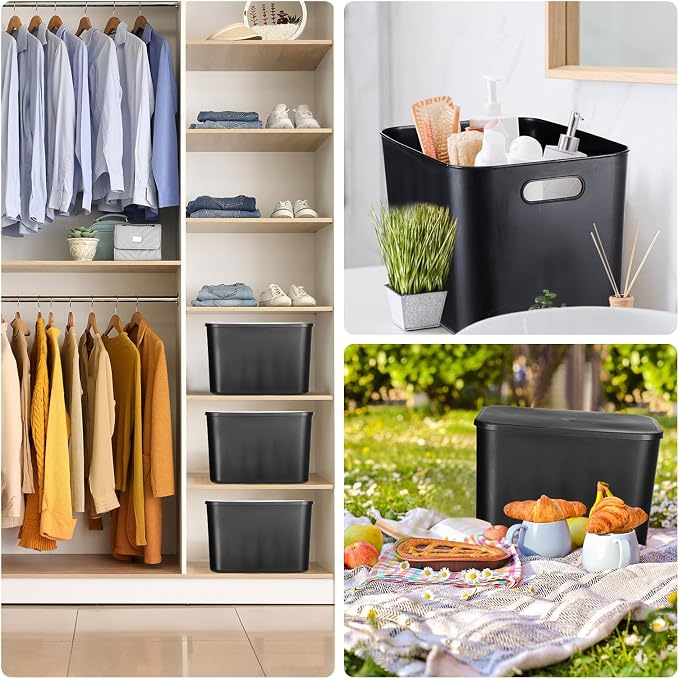 8 Pieces Colorful Storage Bins with Lid, Plastic Storage Basket Organizing Container Stackable Box with Handle for Shelves Desktop Playroom Office(14.2 x 10.2 x 9.5 Inch,Black)