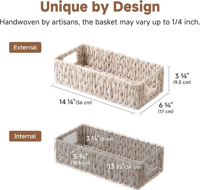 StorageWorks White Wicker Basket for Bathroom, Toilet Organizer Baskets | Small back of Toilet Tray for Decor with Built-in Handles, Water Hyacinth Toilets Paper Basket for Tank Topper
