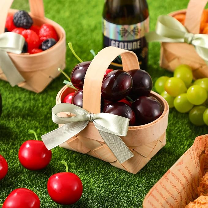 12 Pcs Mini Flower Girl Basket Mini Woven Baskets with Pearl Handles Wood Chip Flower Fruit Picnic Holder with Sage Green Ribbon Smell Gifts Bucket for Wedding Party Gifts Birthday Decoration