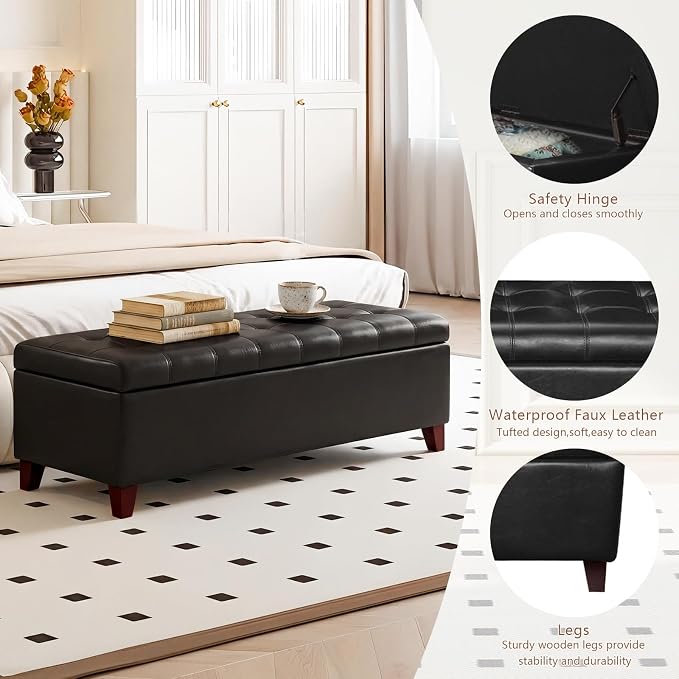Joveco 51 Inch Storage Bench,Leather Tufted Storage Ottoman with Legs | Safety Hinges,Wooden Legs,Upholstered,End of Bed,Bedroom,Living Room,Entryway,330LBS,Black
