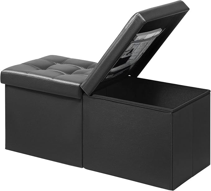 AmasSmile Footrest Ottoman Storage Bench, 34" Leather Folding Stool, Black | Large Ottoman with Storage, Thicker Foam Padded Seat, Livingroom, Dorm, Bedroom, Entryway, Easy to install,34 x 13 x 13in