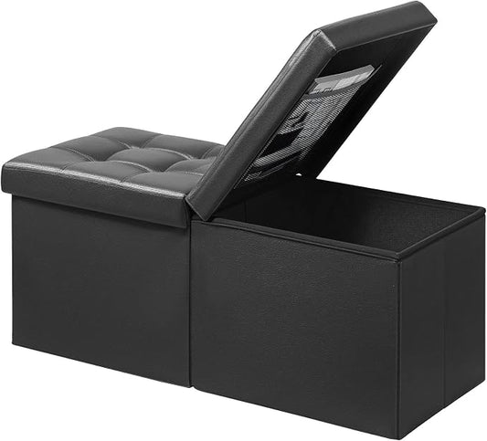 AmasSmile Footrest Ottoman Storage Bench, 34" Leather Folding Stool, Black | Large Ottoman with Storage, Thicker Foam Padded Seat, Livingroom, Dorm, Bedroom, Entryway, Easy to install,34 x 13 x 13in