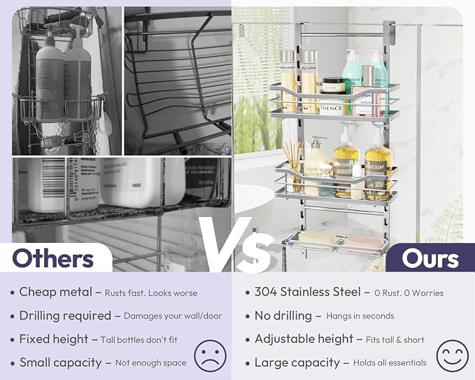 SWTYMIKI Over the Door Shower Caddy - 3 Tier Adjustable Shower Organizer Hanging with Soap Holder, No Drilling Stainless Steel Bathroom Rack Hanging for Body Wash, Shampoo, Soap, Razor, Silver