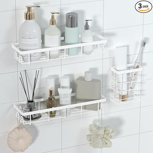 Shower Caddy Organizer with Hooks,Self Adhesive Bathroom Shelves,Shower Shelves,No Drilling Bathroom Organizers and Storage,Perfect for RV, Apartment, Home Decor,3 Pack White