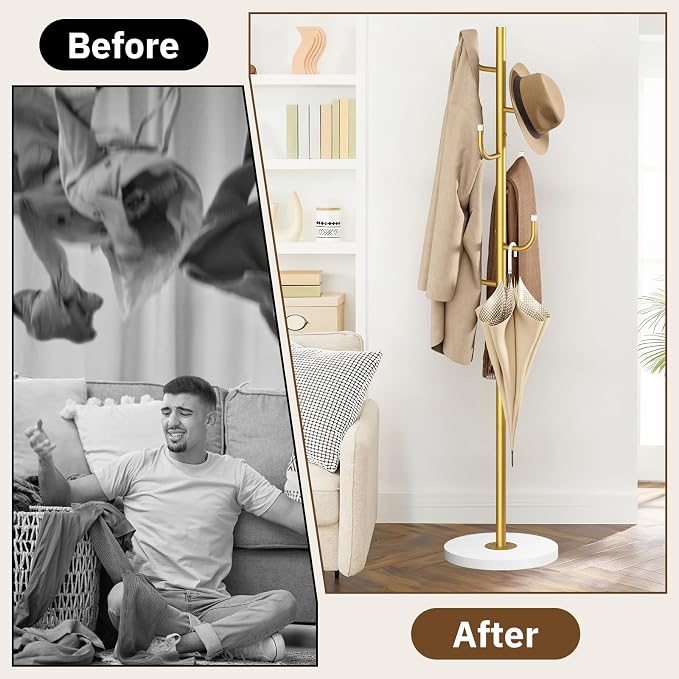 MISSLO Heavy Duty Coat Rack Freestanding 4 Adjustable Size Coat Tree with Stable Wood Base Coat Hanger Stand with 6 Hooks Standing Clothes Tree for Bedroom, Gold