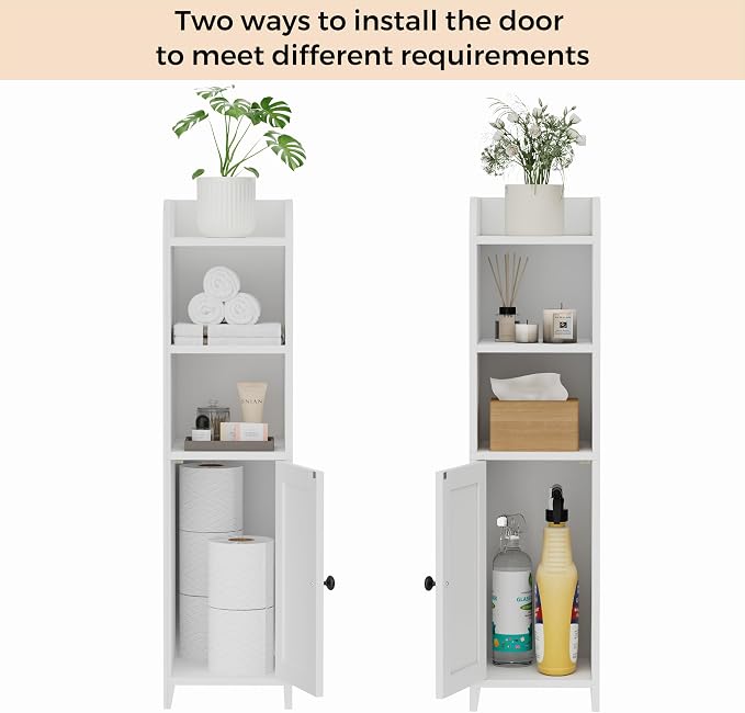 Homhedy Small Bathroom Storage Cabinet, Narrow Toilet Paper Cabinet | Corner Floor Cabinet with Door and Shelves, Slim Bathroom Cabinet for Small Spaces, 9.8" D x 7.9" W x 31" H, White