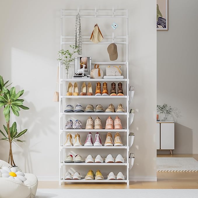 Shoe Rack 7 Tier Shoe Organizer Storage 21-28 Pairs | Closet Shoes Rack for Front Door Entrance Shoe Rack Organizer with Hooks Side Pocket Entryway Large Capacity Shoe Shelf Tower