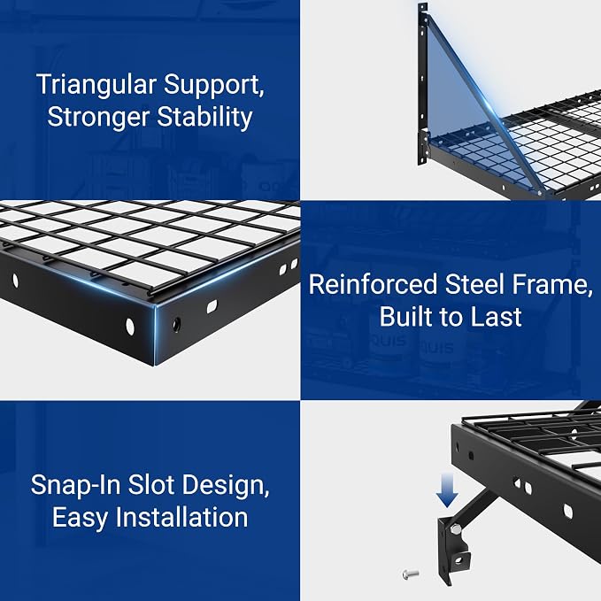 FLEXIMOUNTS 2-Pack 2x4 ft Garage Wall Shelving with 4 Hooks, Black | Brace guardrail, 660 lb capacity, Heavy-duty steel, Wall mounted storage, Garage organization, Pro Series