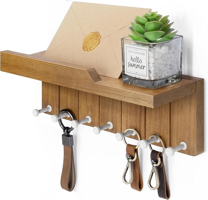 Rebee Vision Key Holder Wall Mount with 7 Hooks for Apartment, Light Brown | Key and Mail Holder for Wall, Floating Shelf, Mail Sorter, key Hanger, Apartment Essentials, Home Decor, Decorative Storage