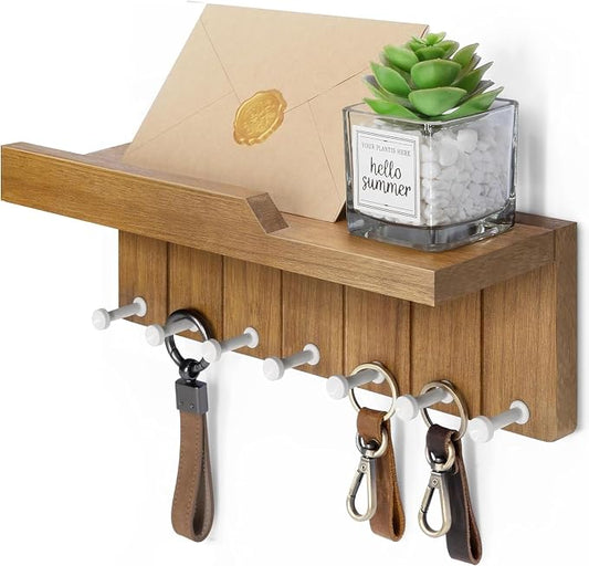 Rebee Vision Key Holder Wall Mount with 7 Hooks for Apartment, Light Brown | Key and Mail Holder for Wall, Floating Shelf, Mail Sorter, key Hanger, Apartment Essentials, Home Decor, Decorative Storage