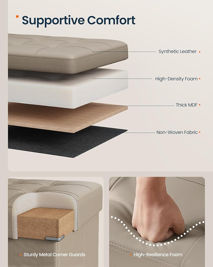 SONGMICS Home Foldable Foot Rest Stool, Storage Ottoman, Tufted Design, PU Leather, Easy Assembly and Cleaning, for Entryway, Living Room, Bedroom, 43.2 Inches, Khaki