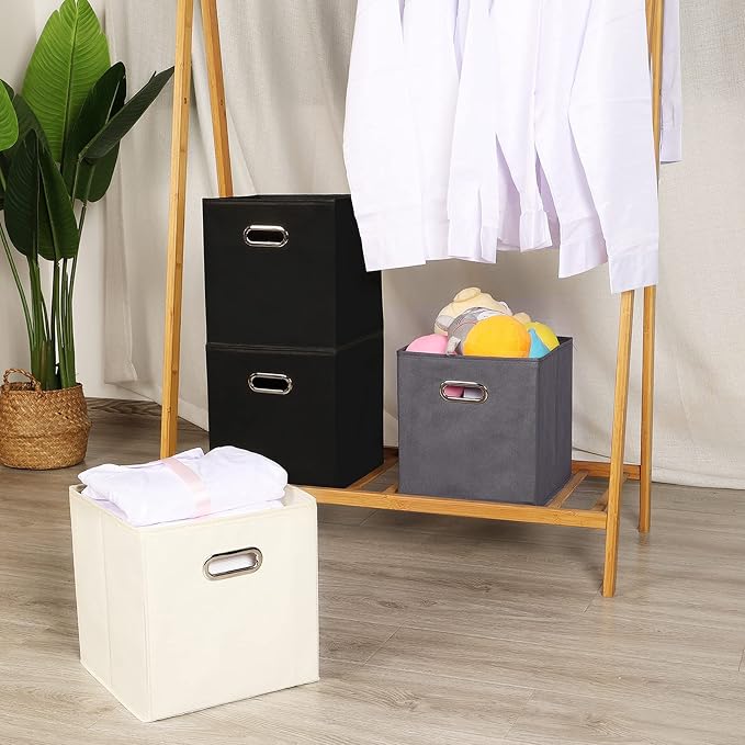Yunkeeeper storage bins Cubes, Fabric Cube Organizer with Handle, Foldable Cube Bins for Cloth or Accessary Storage, 11x11x11, Set of 6, (black)
