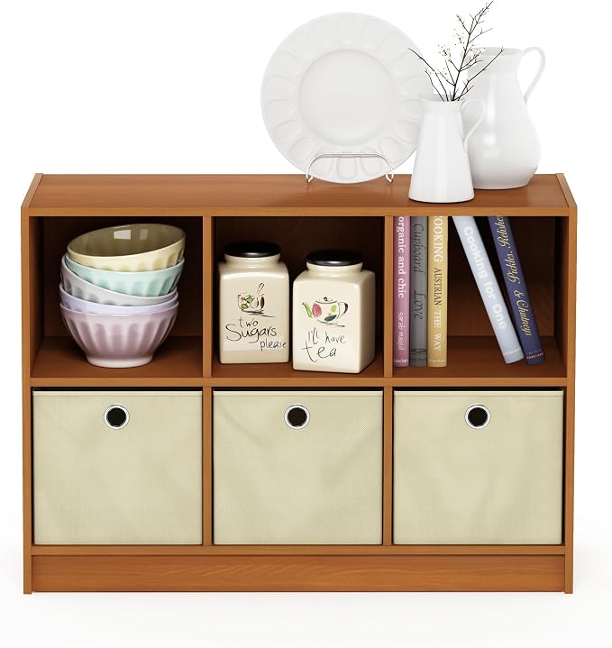 Furinno Basic 3x2 Bookcase Storage w/Bins, Light Cherry/Ivory