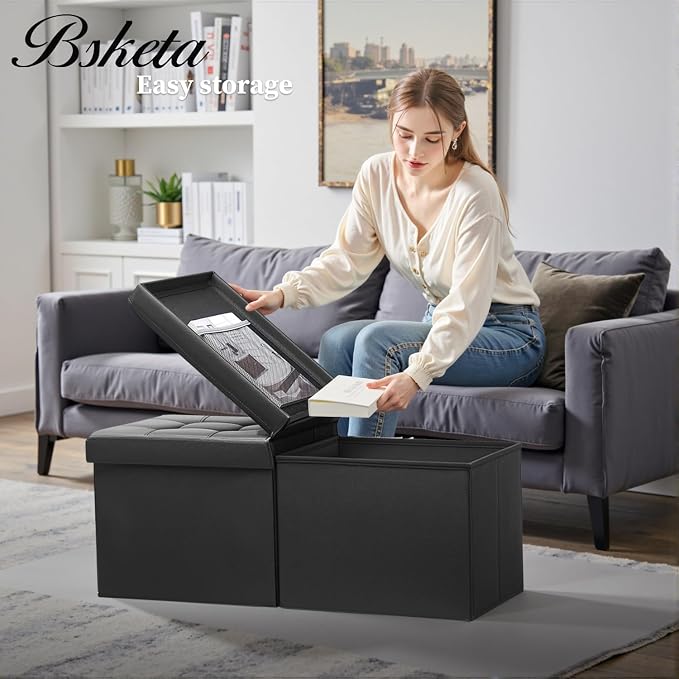 Bsketa Storage Ottoman Bench, 34" Folding Leather Foot Rest Stool, Black | Large Ottoman with Storage, Thicker Foam Padded Seat, Livingroom, Dorm, Bedroom, Easy to install, 86L,34 x 13 x 13in