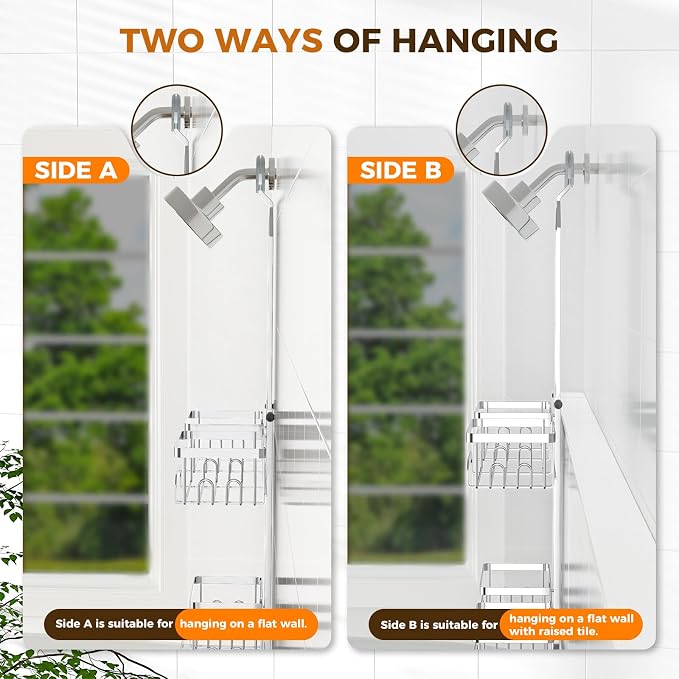 REINHARDT Split Shower Caddy Hanging for Handheld Showerheads, Silver | Adjustable Shower Organizer, Rustproof, 16 Hooks, Soap Holder, 40lbs Capacity, Anti-Slip, Tool-Free, Bathroom Accessories