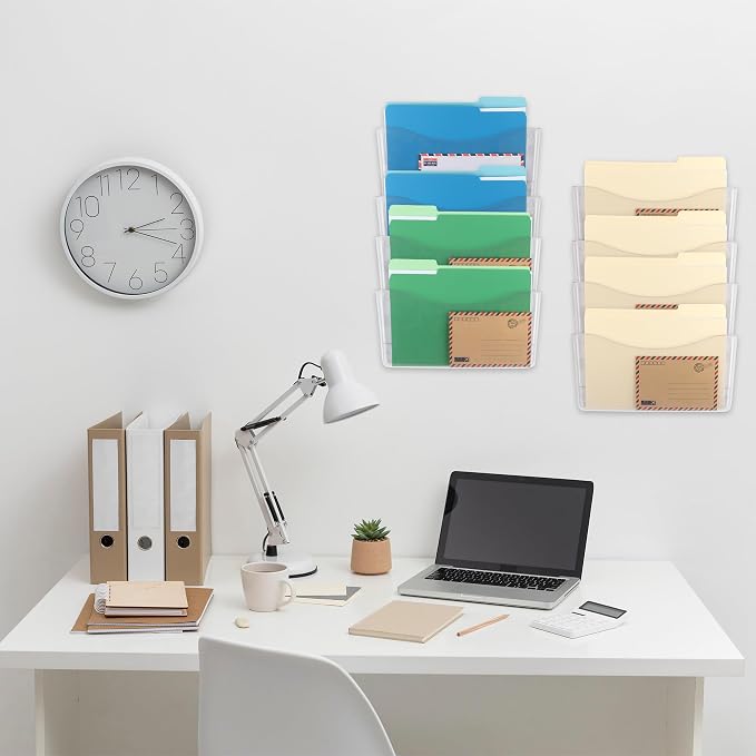 EASEPRES 8 Pack Clear Single Pocket Hanging File Organizer, Plastic Wall Mount Paper Mails Magazines Holder, Mounted Folder Bins for Office, School and Home, 13.85x3.14x6.88 inches