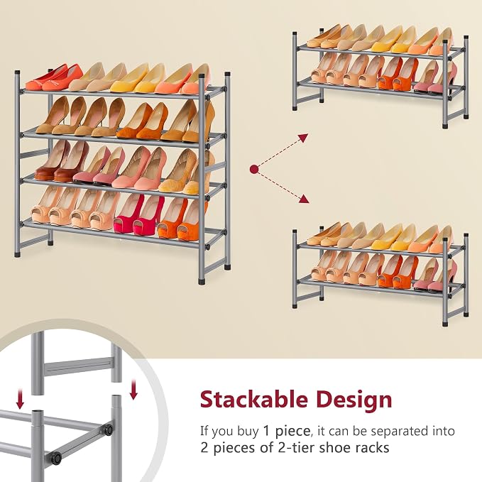 Expandable Shoe Rack for Closet 4 Tier, 28“-41“Stackable, Grey | Adjustable Shoe Organizer Closet Shoe Rack Floor, Metal Shoe Shelf Storage for Entryway, Closet, Garage, Front Door Entrance