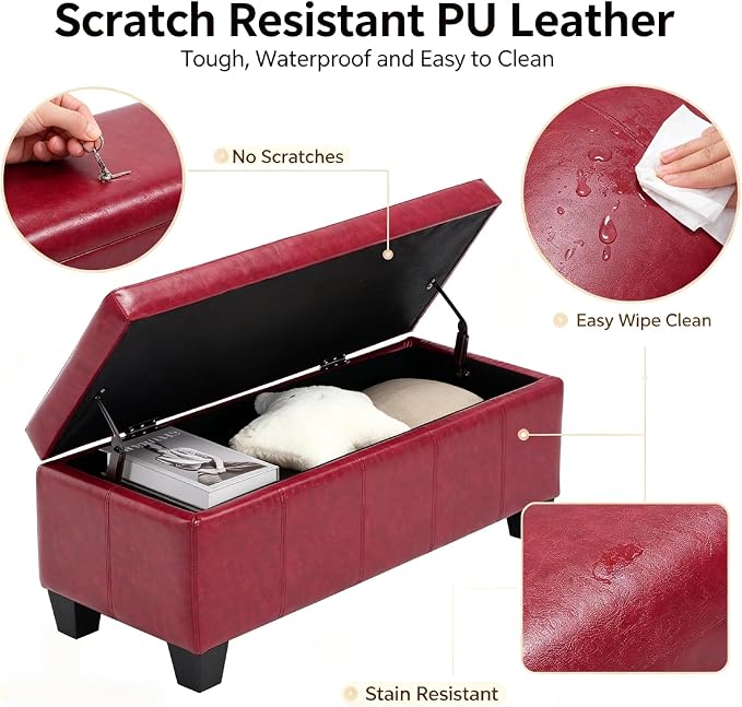 41.5 Inch Burgundy Red Faux Leather Storage Ottoman Bench Accent Furniture | 2.8 cu ft hidden storage,660 lbs weight capacity,solid wood legs,decorative piece for living room bedroom
