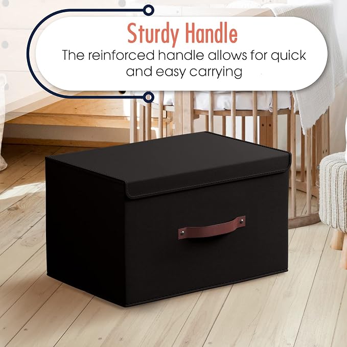 Ornavo Home 6 Pack Collapsible Storage Bins with Lid, 16.5x11.8x7.5, Black | Foldable Linen Fabric; Faux Leather Handles; Ideal Closet Organizer & Large Storage Box for Clothes and Shelves