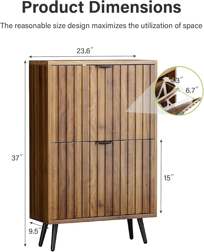 Smart FENDEE Fluted Shoe Storage for Entryway, Walnut Hidden Cabinet with Metal Legs, Organizer with Flip Doors, Slim Entryway Storage