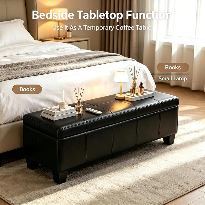 41.5 Inch Black Faux Leather Storage Ottoman Bench with Slow-Close Hinge | 2.8 cu ft hidden storage,660 lbs weight capacity,solid wood legs,fits entryway bedroom living room
