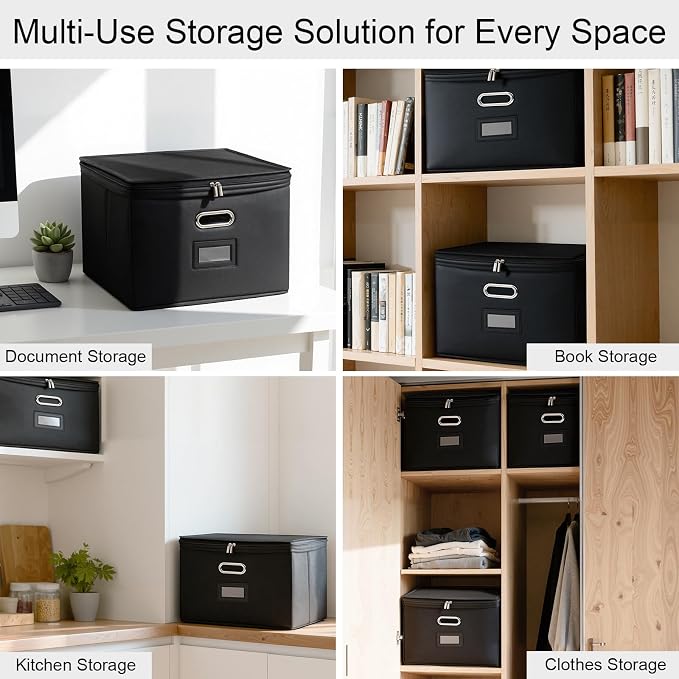 8 Pack File Organizer Boxes with Lids, Collapsible Document Storage Bin with Mesh Pockets & Zipper, Fits Letter/Legal Size Folders for Home Office Classroom Organization (Black, No Folders)