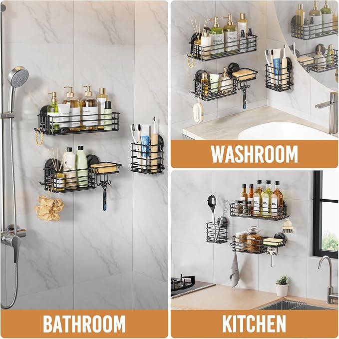 LEVERLOC Shower Caddy Suction Cup, Bathroom Organizer for Inside Shower | Black Bathroom Organizer With Hook, Rustproof Shower Holder Storage, 3 Pack Shower Caddies, Heavy Duty Shower Basket