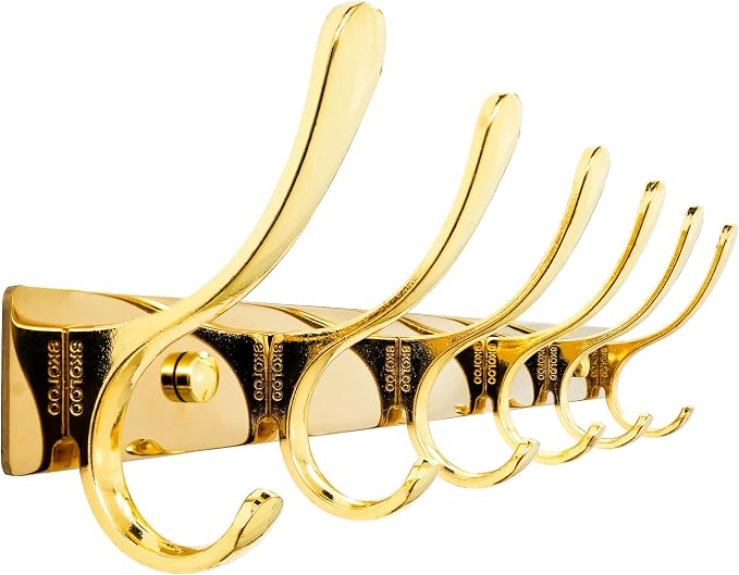 SKOLOO Heavy Duty Wall Mounted Coat Rack - 6 Hooks, Stainless Steel, Sturdy Coat Hooks for Hanging Coats, Jacket, Clothes, Hat, Bright Gold
