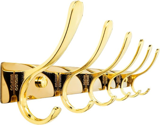 SKOLOO Heavy Duty Wall Mounted Coat Rack - 6 Hooks, Stainless Steel, Sturdy Coat Hooks for Hanging Coats, Jacket, Clothes, Hat, Bright Gold