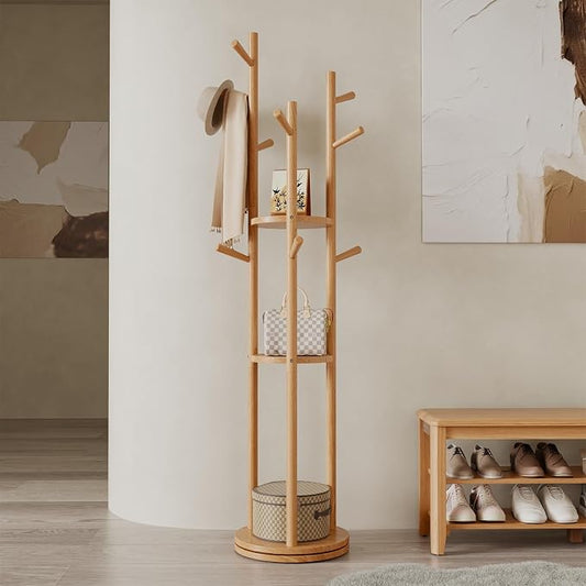 Muwuele Solid Wood Rotary Coat Rack, Freestanding Coat Rack with 3 Shelves and 9 Hooks, Coat tree for Bedroom, Entryway, Livingroom, Coat Hanger Stand for Coats, Scarves, Handbags (Natural)