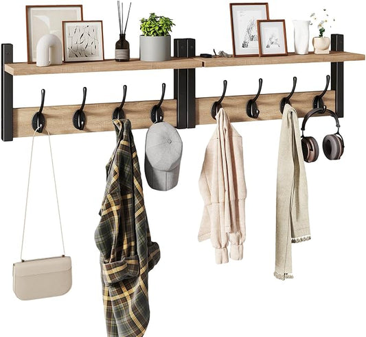 YMYNY Coat Rack Wall Mount with Shelf and Hooks, Light Natural HWS001R-2 | 2 Pack Wooden Wall Mounted Coat Hanger with Shelf and 8 Double Hooks, Wall Coat Rack for Entryway Hallway Bedroom Bathroom