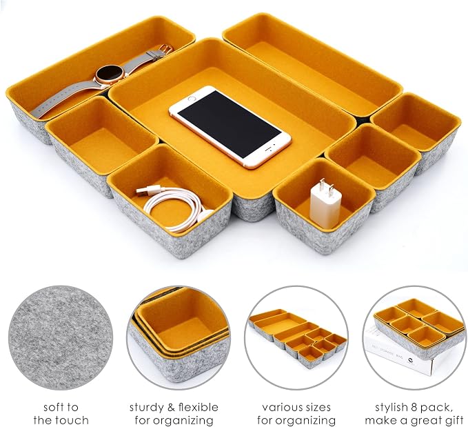 8-Piece Felt Drawer Organizers Curry Desk Tray Makeup Storage