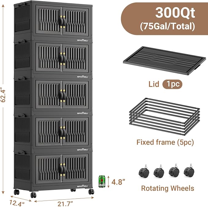 BROVIEW 300 Qt Stackable Storage Bins with Lid, Plastic Closet Organizers and Storage Drawer, Collapsible Storage Box with Wheels, Folding Storage Cabinet for Closet Clothes Organization, 5Pack Black
