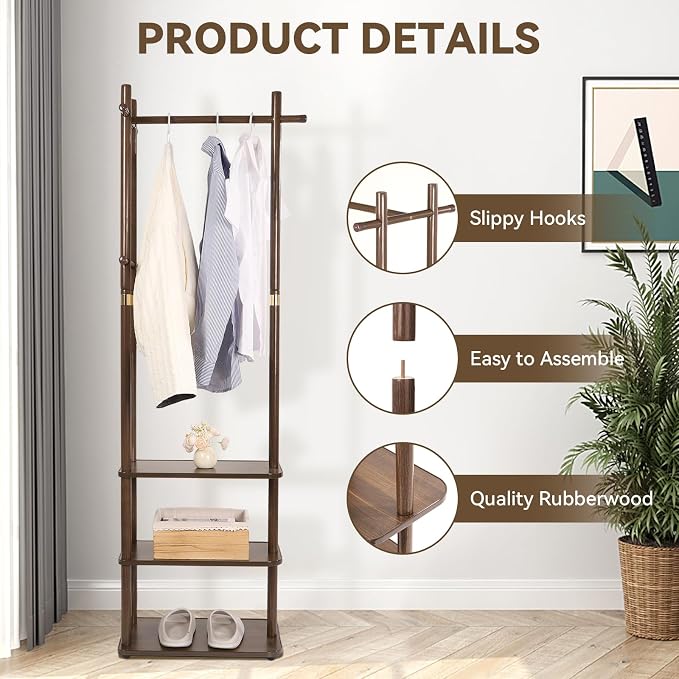 Wood Coat Rack Freestanding Clothing Rack with 3 Shelves and 5 Hooks | Heavy Duty Coat Tree Garment Rack Coat Hanger Stand for Corner Entryways Living Rooms and Bedrooms, Walnut