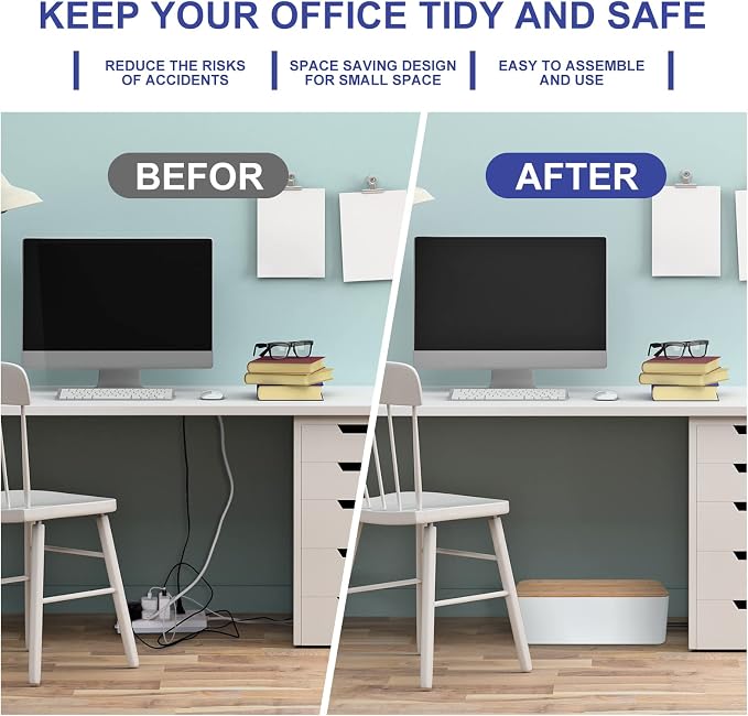 Cable Management Box - Wooden Style Cord Organizer Box to Hide Wires & Power Strips | Desk Computer Cable Organizer Box | Safe ABS Material | 12.6" (L) x 5.3" (W) 4.9" (H) | for Home & Office - White