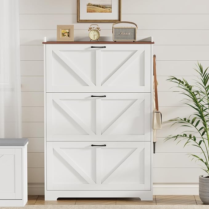 Farmhouse Shoe Cabinet Organizer with 3 Flip Drawers, 31.5" W White | Freestanding shoe cabinet with flip drawers ,space-saving storage for foyer hallway,Adjustable Shelves & 2 Hooks