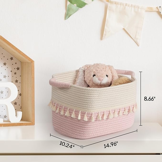 TeoKJ Storage Baskets 2 Packs, Storage Basket for toys,Towel, Storage Bins, Woven Basket for Shelves Bedroom Laundry Nursery, White & Pink