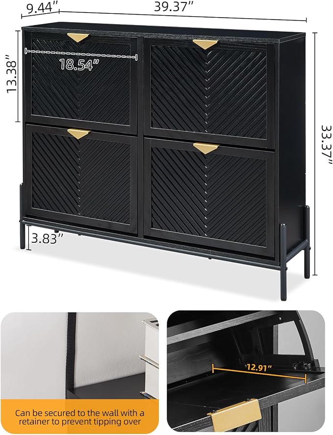 Shoe Cabinet with 4 Flip Drawers, Narrow Entryway Rack, Black | Slanted Wood Grain, Freestanding, Adjustable Compartments, Removable Middle Shelf, Metal Handles, for Hallway Foyer Entrance