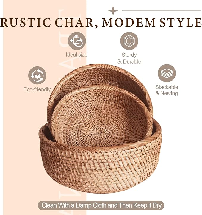 8" Round Small Wicker Basket, Natural Rattan Bread & Fruit & Key Bowl | Well-Made Handwoven Natural Basket, Versatile Decorative Key Bowl for Entryway Table, Kitchen Counter, Bedside, Living Room