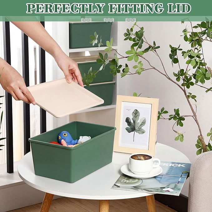 6 Pcs Large and Small Plastic Storage Bins with Lids 14.4 x 10.4 x 5.1 Inch Stackable Storage Containers Decorative Cubby Organizer for Clothes Shelves Garage Closet Office(Green)
