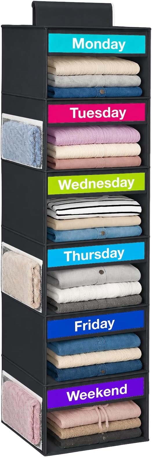 Weekly Clothes Organizer for Closet, 6-Shelf Hanging Closet Organizer with 6 Side Pockets(Black)