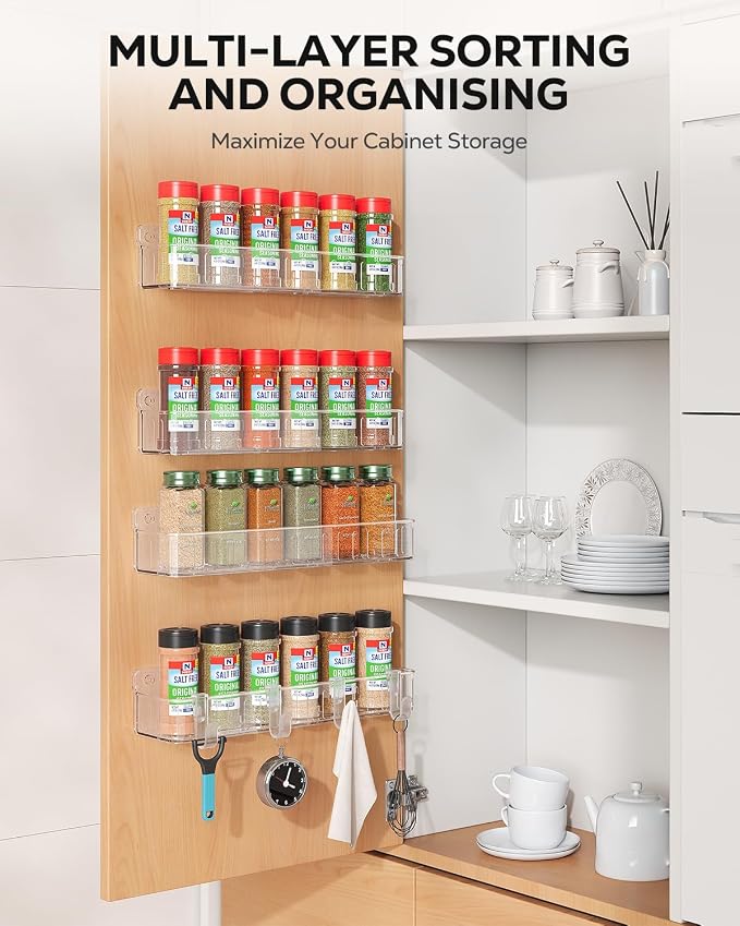 Nieifi Spice Rack Wall Mount, 4 Pack Clear, 2" Depth, Screw/Adhesive | Wall-Mounted with Removable Hooks Saves Counter Space, Fits 2" Deep Jars, Ideal for Kitchen Cabinets, Pantry Doors, and RVs.