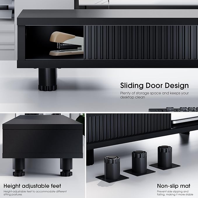 Fenge Dual Monitor Stand with Storage, Desk Shelf with Glass Sliding Door | Ergonomic Height Adjustment, 42.5in Monitor Shelf, 2-Tier Monitor Riser, Desk Organizer for Screen, PC, Laptop, Balck