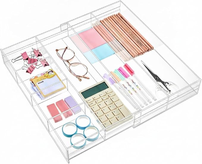 Briwooody Clear Acrylic Drawer Organizer Expandable,7 Compartments,Medium | 9'' up to 18'' x 12'' x 2.1'' Desk Drawer Organizer Trays Adjustable with Desk Accessories for Makeup Office Bathroom