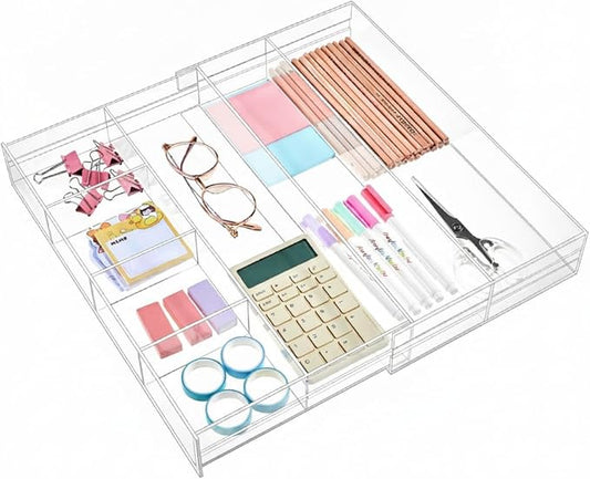 Briwooody Clear Acrylic Drawer Organizer Expandable,7 Compartments,Medium | 9'' up to 18'' x 12'' x 2.1'' Desk Drawer Organizer Trays Adjustable with Desk Accessories for Makeup Office Bathroom