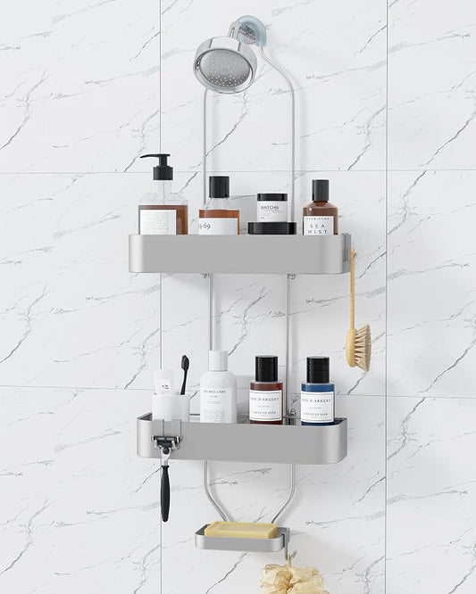 Kitsure Shower Caddy Hanging, No-Drill Bathroom Shelves, Silver, 28.5" H | Bathroom Organizers and Storage, Wobble-Free Shower Organizer with Adhesive Tapes, Rust-Proof Shower Storage for Toiletries