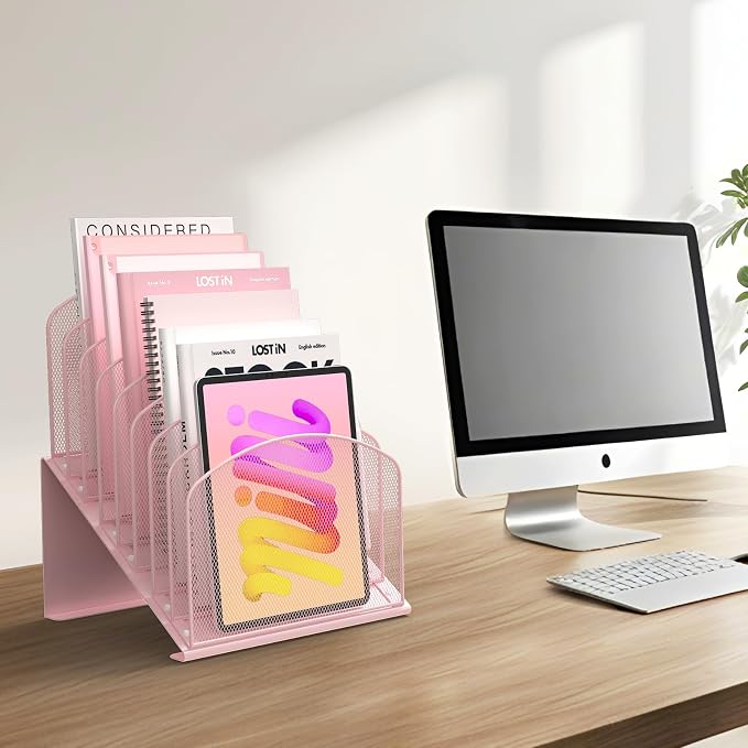 Sinboun Inclined Desk File Organizer Folder Holder with 8-Section, Pink