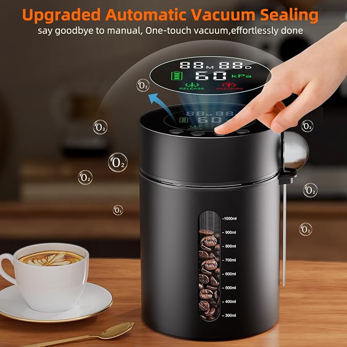Automatic Vacuum Coffee Canister, 1.3L Coffee Container with LED Display | Smart Pressure Sensor,Window,Scoop Rechargeable Airtight Electric Coffee Bean Storage for Home Kitchen Ground Food Storage