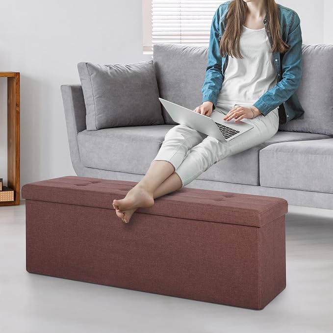 ZenStyle 43Inches Storage Ottoman Bench, Folding Footrest Padded Seat, Storage Chest Long Shoes Bench with Divider, Holds up to 660 lbs, for Living Room, Entryway, Bedroom, Brown